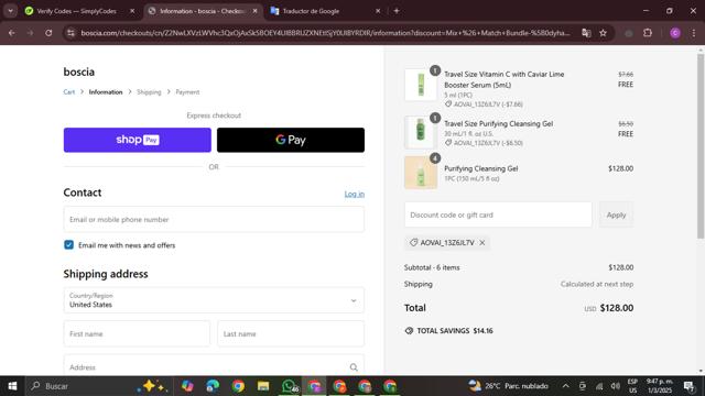Boscia checkout page showing Boscia promo code box | Screenshot taken by SimplyCodes community member on Mar 2, 2025