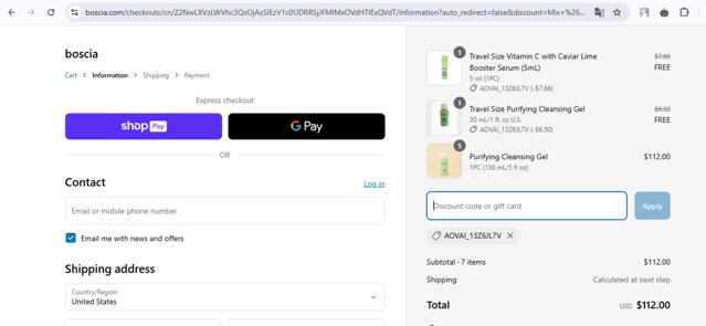 Boscia checkout page showing Boscia promo code box | Screenshot taken by SimplyCodes community member on Mar 24, 2025