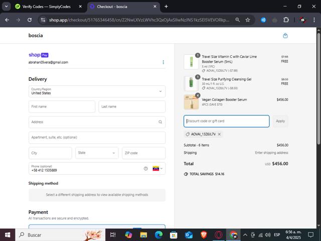 Boscia checkout page showing Boscia promo code box | Screenshot taken by SimplyCodes community member on Apr 4, 2025