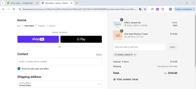 Boscia checkout page showing Boscia promo code box | Screenshot taken by SimplyCodes community member on Feb 21, 2025