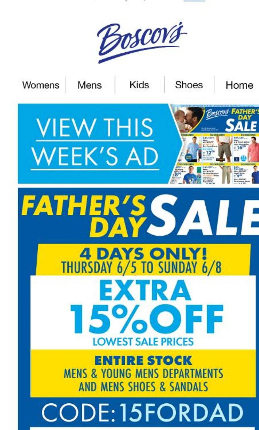 Boscov's coupon code screenshot showing code 15fordad applied at Boscov's checkout page. Uploaded by SimplyCodes community member 6d796e616d656973 on Jun 5, 2025