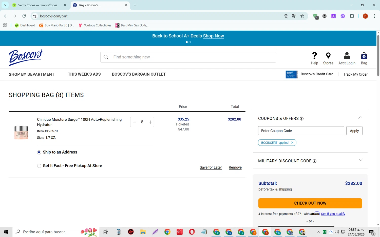 Boscov's coupon code screenshot showing code BCCINSERT applied at Boscov's checkout page. Uploaded by SimplyCodes community member SaleSaver3540 on Aug 21, 2025