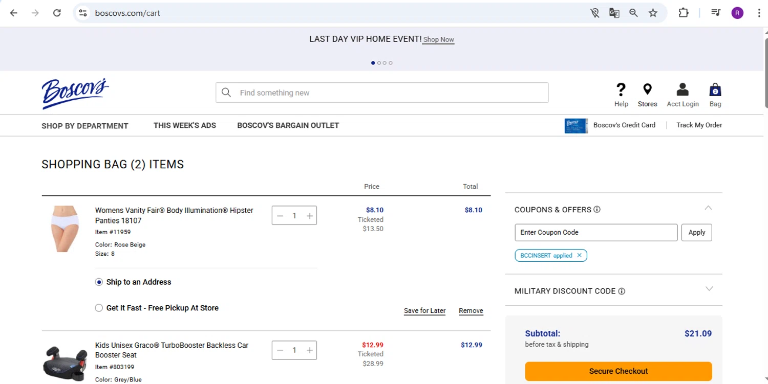 Boscov's coupon code screenshot showing code BCCINSERT applied at Boscov's checkout page. Uploaded by SimplyCodes community member rapc3030 on Apr 3, 2025