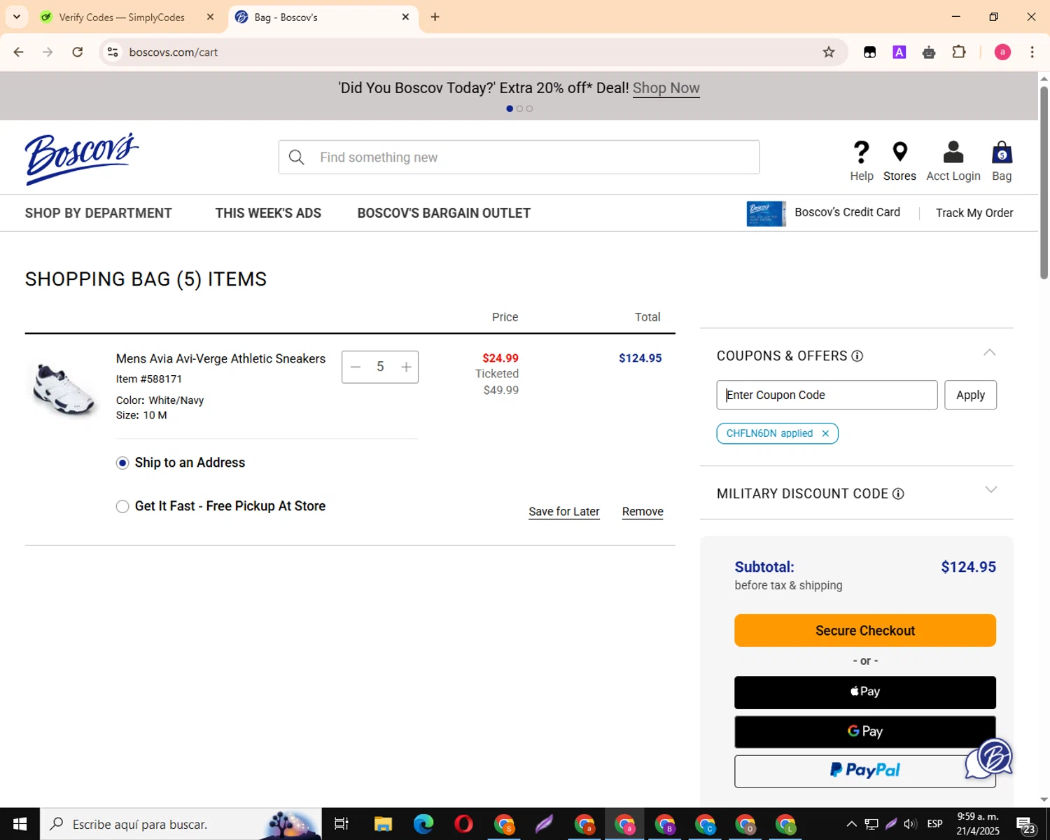 Boscov's coupon code screenshot showing code CHFLN6DN applied at Boscov's checkout page. Uploaded by SimplyCodes community member MagnificentKnight3359 on Apr 21, 2025