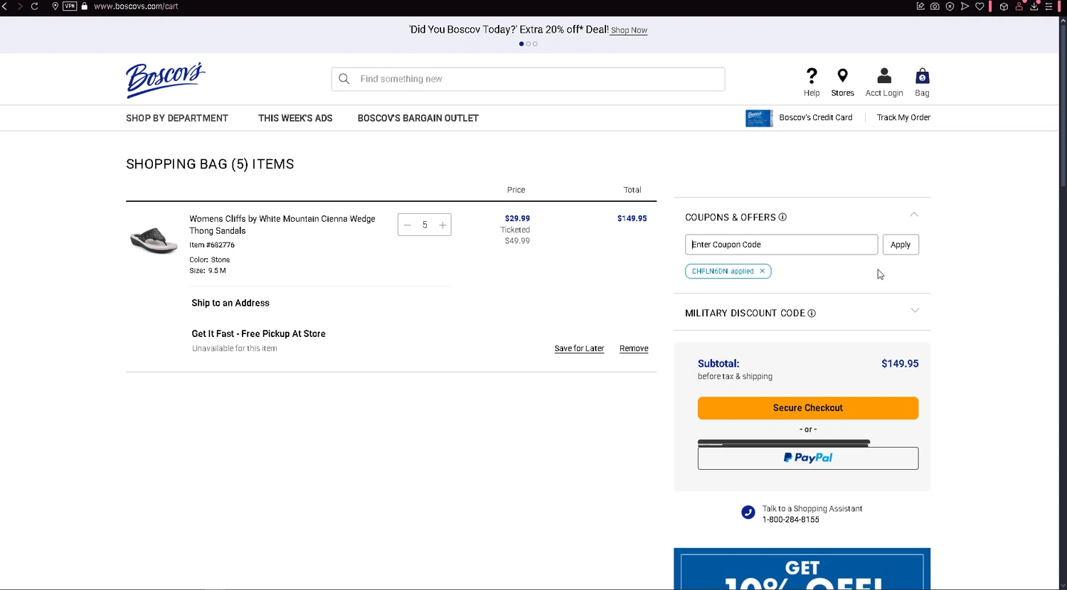 Boscov's coupon code screenshot showing code CHFLN6DN applied at Boscov's checkout page. Uploaded by SimplyCodes community member leonardjose on Apr 11, 2025