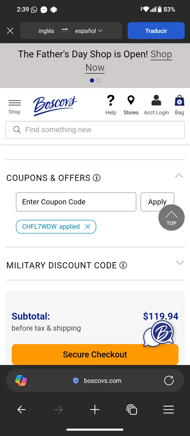 Boscov's coupon code screenshot showing code CHFL7WDW applied at Boscov's checkout page. Uploaded by SimplyCodes community member MagnificentTiger8908 on Jun 5, 2025
