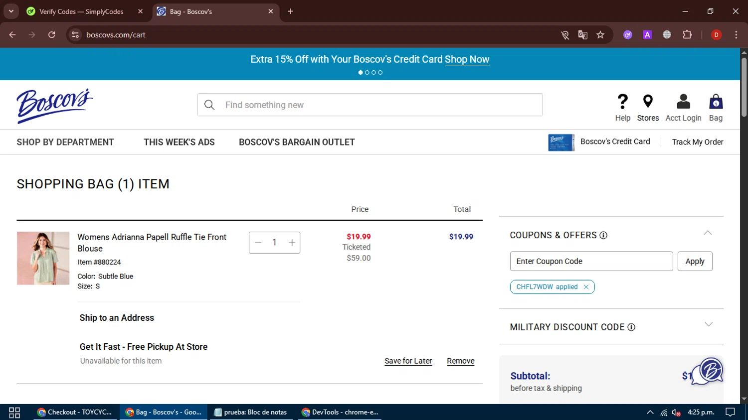 Boscov's coupon code screenshot showing code CHFL7WDW applied at Boscov's checkout page. Uploaded by SimplyCodes community member PeachPrincesa on Aug 12, 2025