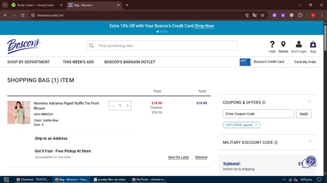 Boscov's checkout page showing Boscov's coupon code box | Screenshot taken by SimplyCodes community member on Aug 12, 2025