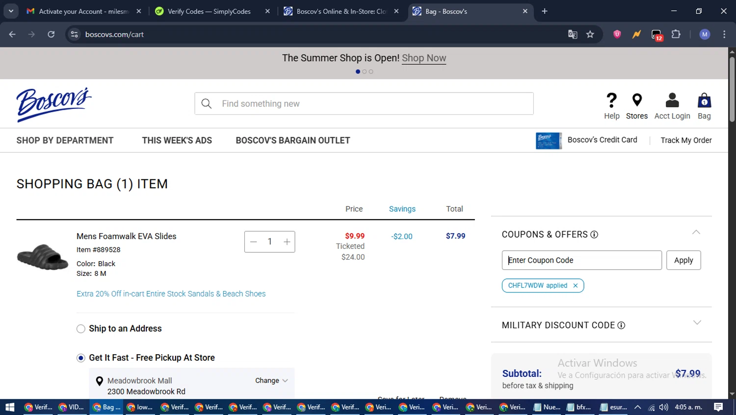 Boscov's coupon code screenshot showing code CHFL7WDW applied at Boscov's checkout page. Uploaded by SimplyCodes community member PrimeFox5260 on Jun 26, 2025
