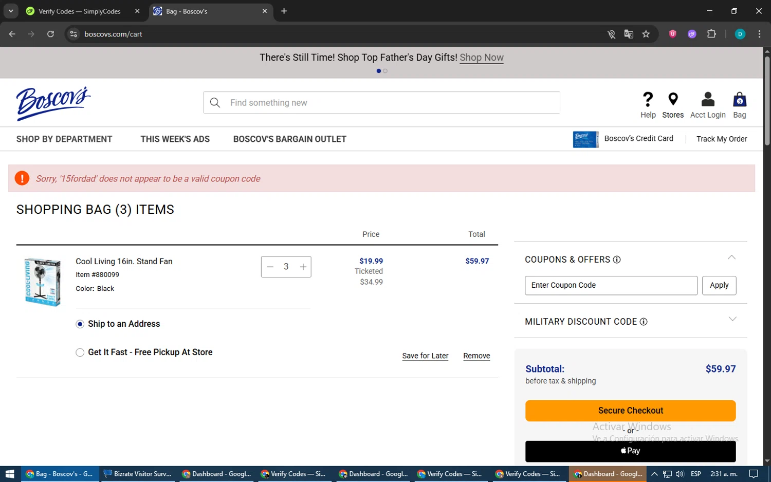 Boscov's coupon code screenshot showing code 15fordad applied at Boscov's checkout page. Uploaded by SimplyCodes community member BonusPilot3825 on Jun 15, 2025