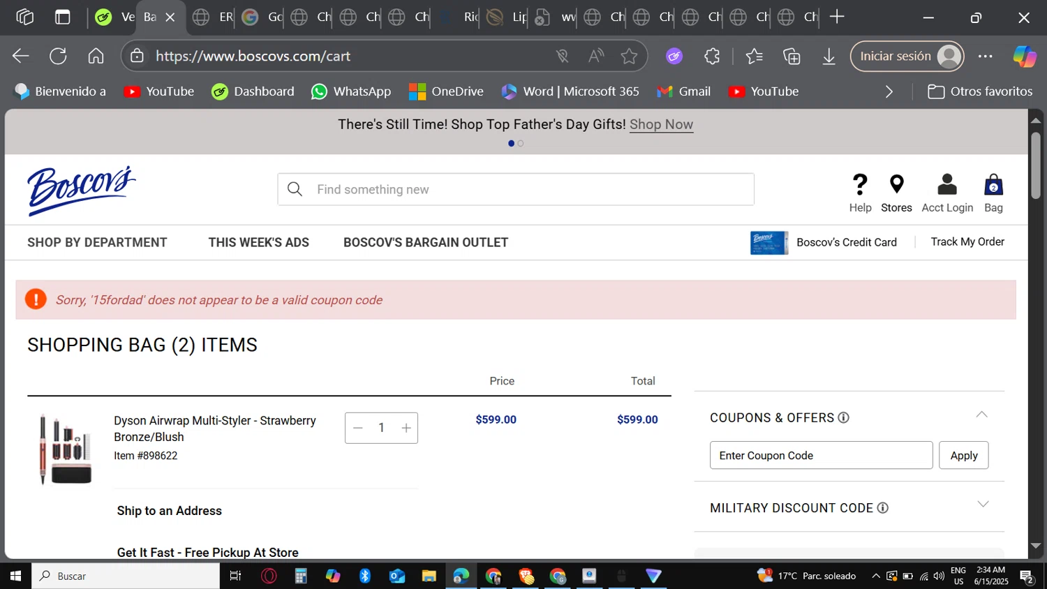 Boscov's coupon code screenshot showing code 15fordad applied at Boscov's checkout page. Uploaded by SimplyCodes community member GoldFinder6454 on Jun 15, 2025