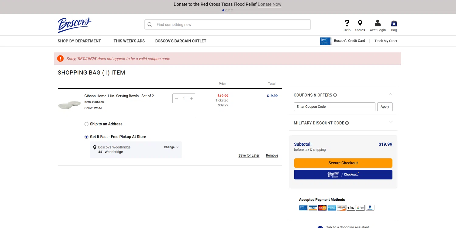 Boscov's coupon code screenshot showing code RETJUN25 applied at Boscov's checkout page. Uploaded by SimplyCodes community member SmartChaser6420 on Jul 11, 2025