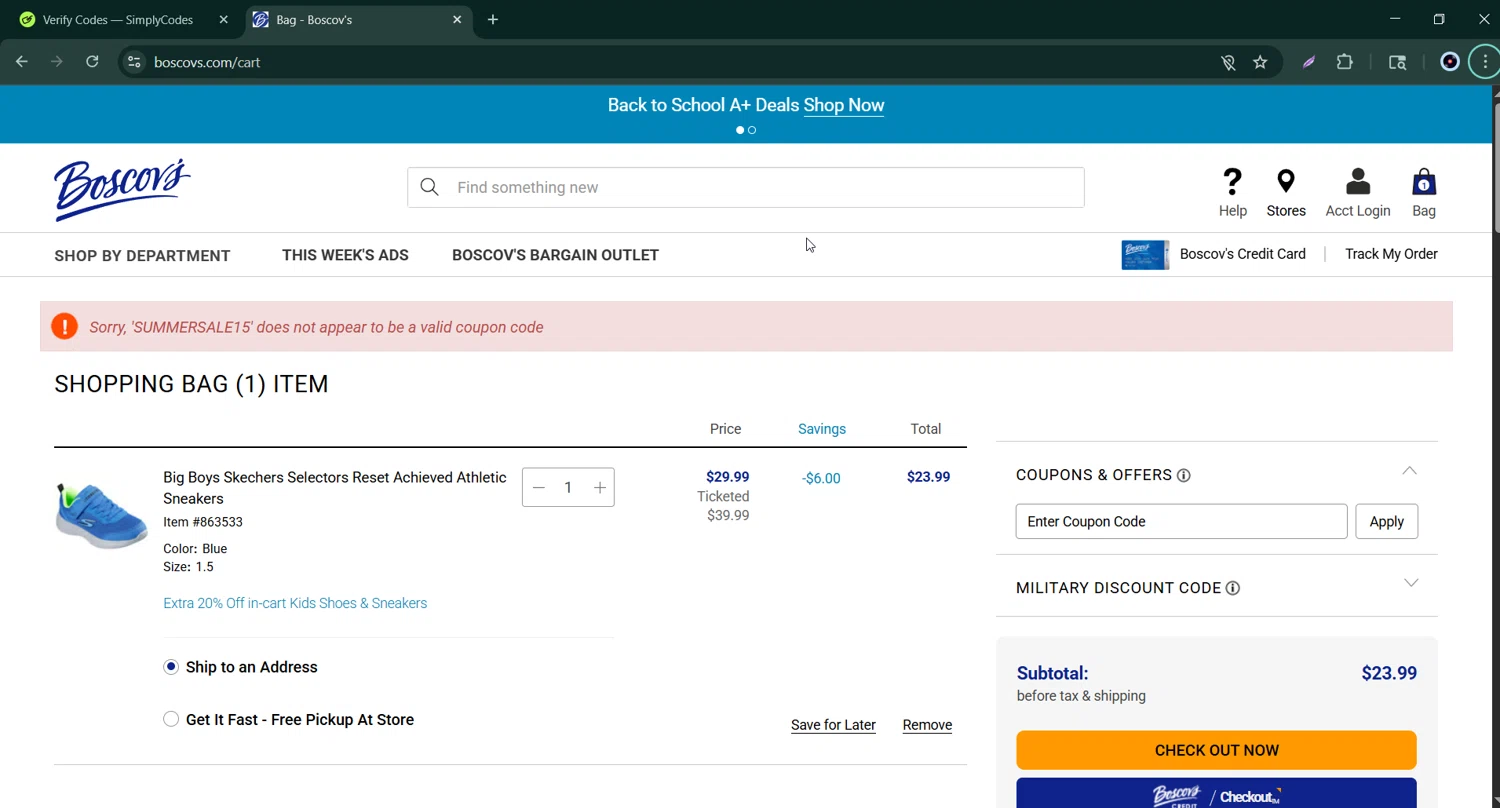 Boscov's coupon code screenshot showing code SUMMERSALE15 applied at Boscov's checkout page. Uploaded by SimplyCodes community member Bernard_Lowe on Aug 19, 2025