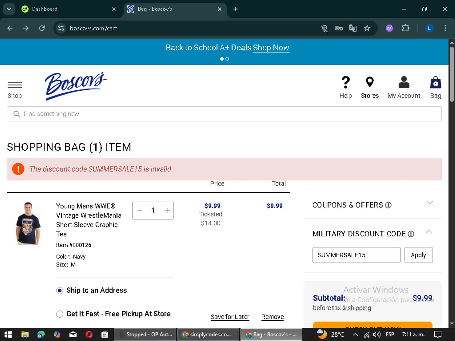 Boscov's coupon code screenshot showing code SUMMERSALE15 applied at Boscov's checkout page. Uploaded by SimplyCodes community member MightyElite3532 on Aug 19, 2025