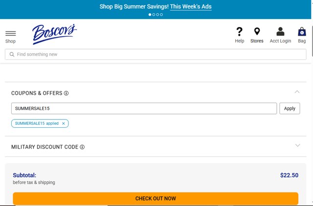 Boscov's checkout page showing Boscov's coupon code box | Screenshot taken by SimplyCodes community member on Aug 6, 2025