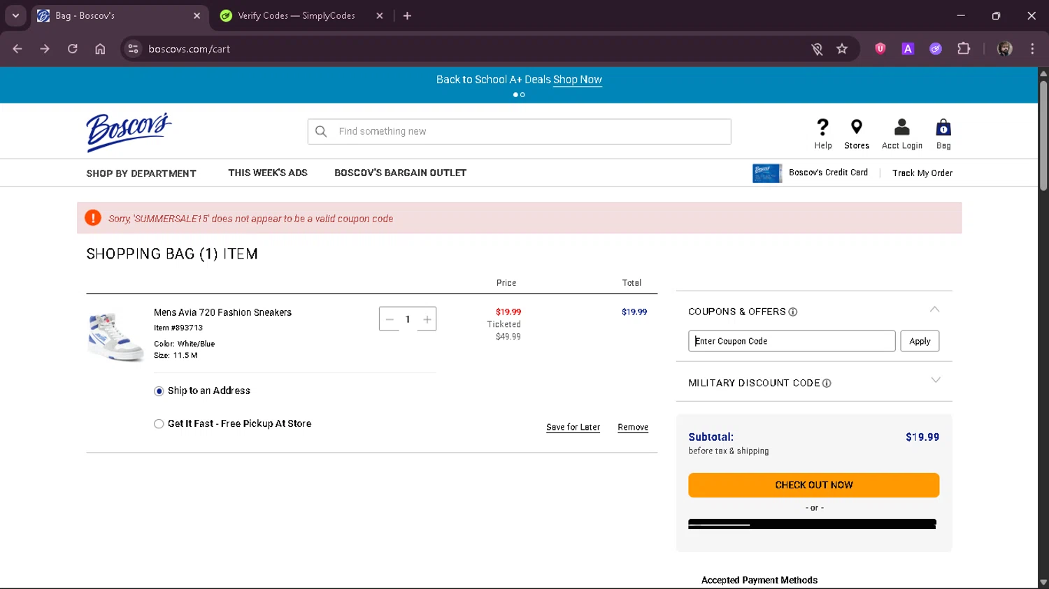 Boscov's coupon code screenshot showing code SUMMERSALE15 applied at Boscov's checkout page. Uploaded by SimplyCodes community member TyrionLannister on Aug 19, 2025
