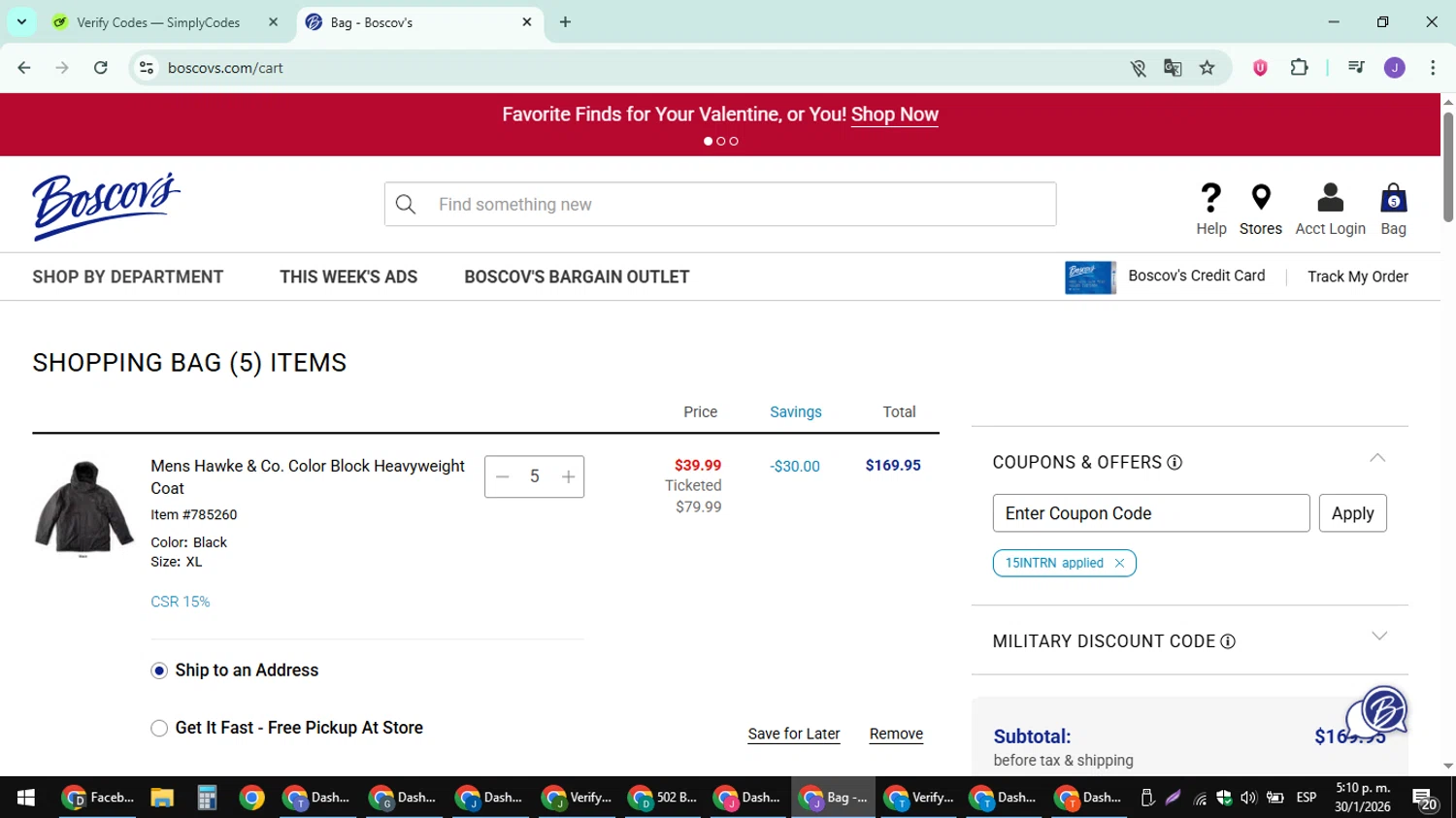 Boscov's promo code screenshot showing code 15INTRN applied at Boscov's checkout page. Uploaded by SimplyCodes community member sniderjack453 on Jan 30, 2026