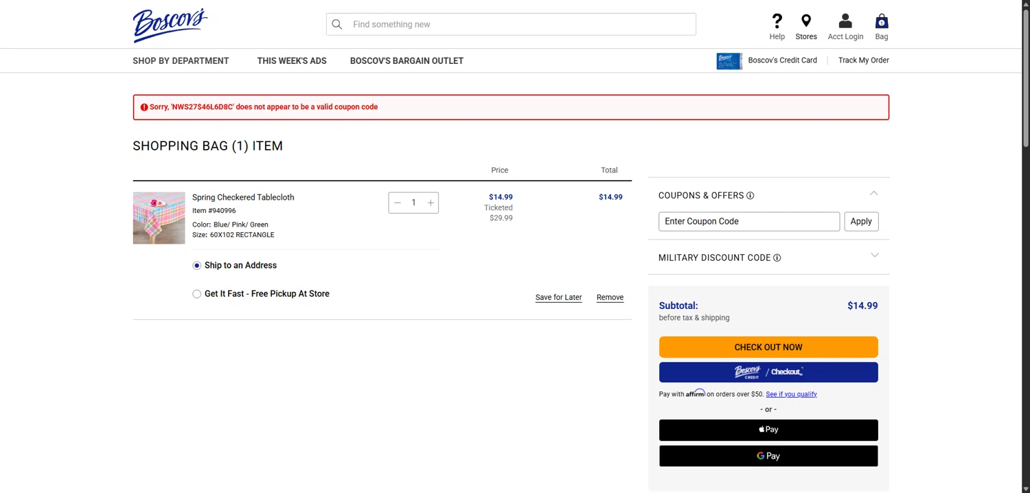 Boscov's promo code screenshot showing code NWS27$46L6D8C applied at Boscov's checkout page. Uploaded by SimplyCodes community member EpicLegend237 on Feb 20, 2026