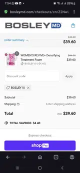 Bosley10 coupon verification screenshot