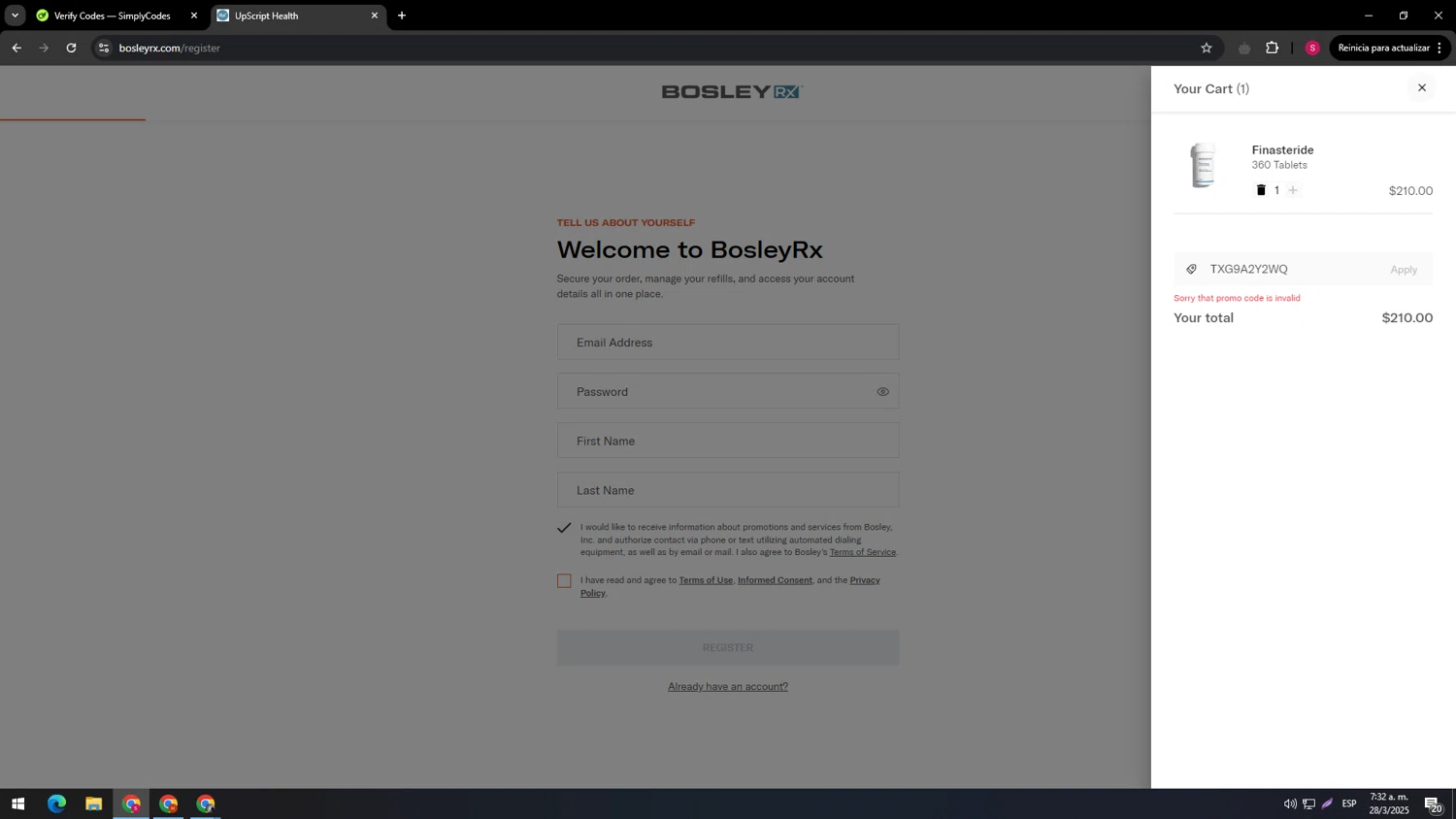 BosleyRx promo code screenshot showing code TXG9A2Y2WQ applied at BosleyRx checkout page. Uploaded by SimplyCodes community member usenameeeee on Mar 28, 2025