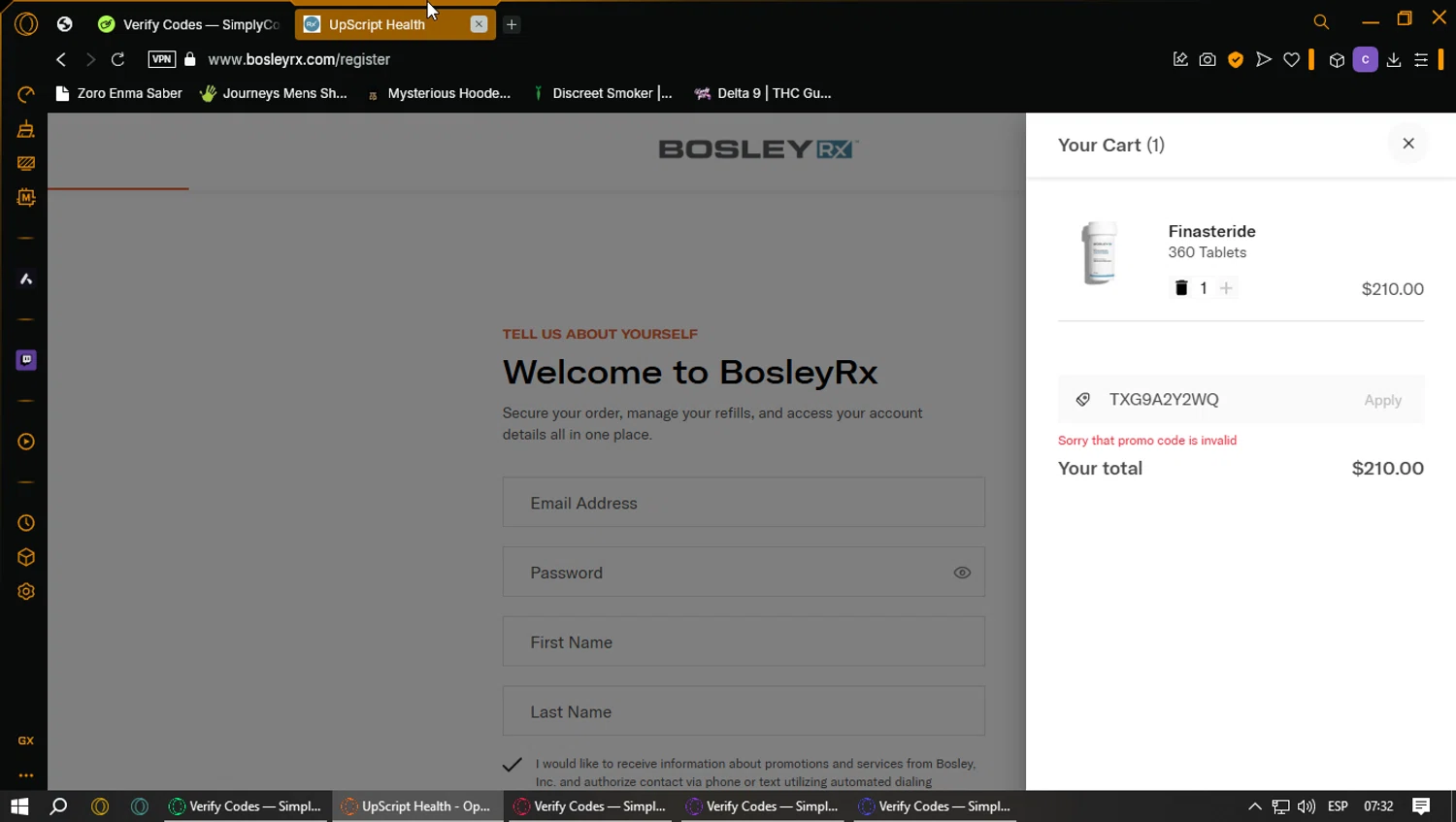 BosleyRx promo code screenshot showing code TXG9A2Y2WQ applied at BosleyRx checkout page. Uploaded by SimplyCodes community member ExtraordinaryPhoenix3689 on Mar 28, 2025