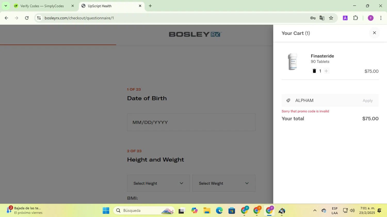 BosleyRx promo code screenshot showing code ALPHAM applied at BosleyRx checkout page. Uploaded by SimplyCodes community member yadicg054 on Feb 23, 2025