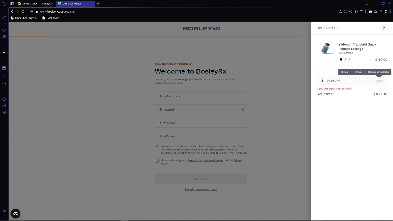 BosleyRx promo code screenshot showing code ALPHAM applied at BosleyRx checkout page. Uploaded by SimplyCodes community member VictoriousCaptain3902 on Feb 23, 2025