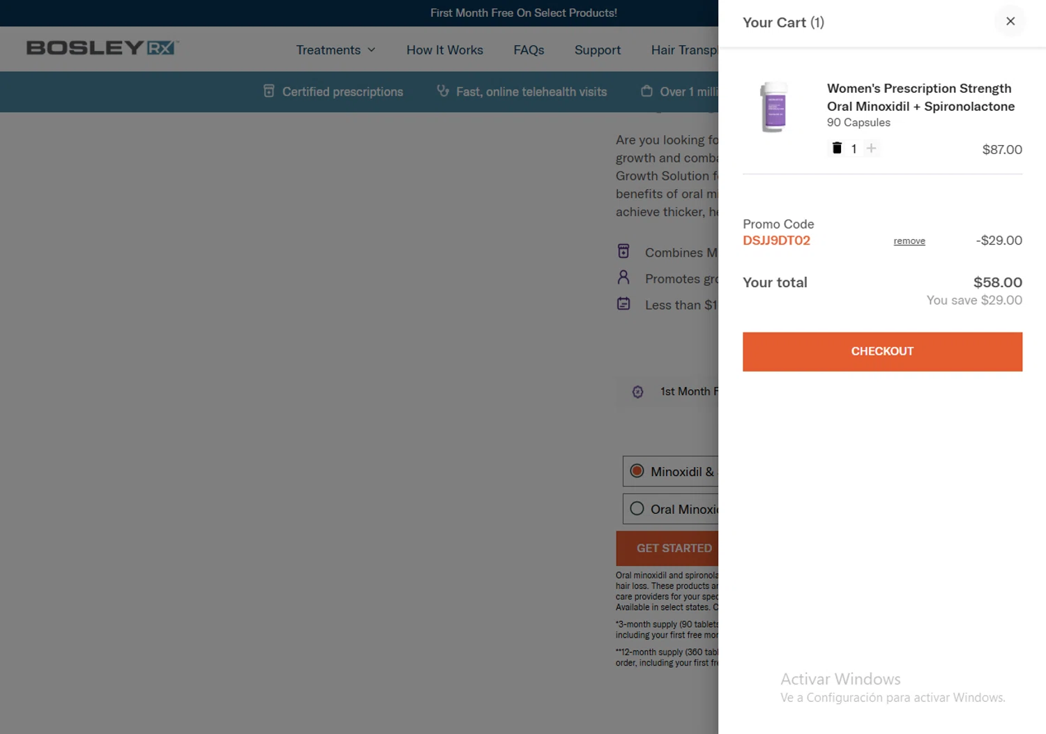 BosleyRx promo code screenshot showing code DSJJ9DT02 applied at BosleyRx checkout page. Uploaded by SimplyCodes community member PennyTiger2554 on May 3, 2025