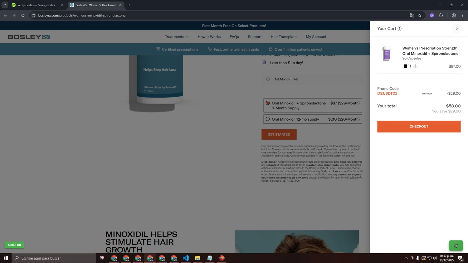 BosleyRx promo code screenshot showing code DSJJ9DT02 applied at BosleyRx checkout page. Uploaded by SimplyCodes community member usercod909090 on Dec 11, 2025