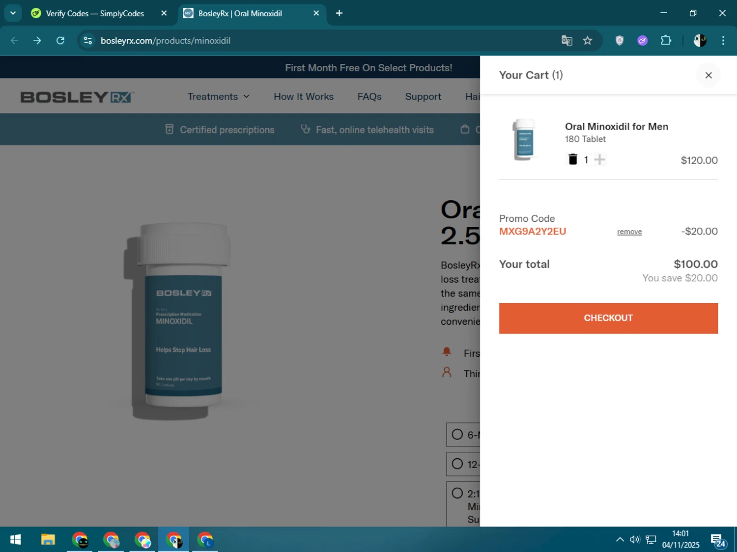 BosleyRx promo code screenshot showing code MXG9A2Y2EU applied at BosleyRx checkout page. Uploaded by SimplyCodes community member CleverSage9163 on Nov 4, 2025