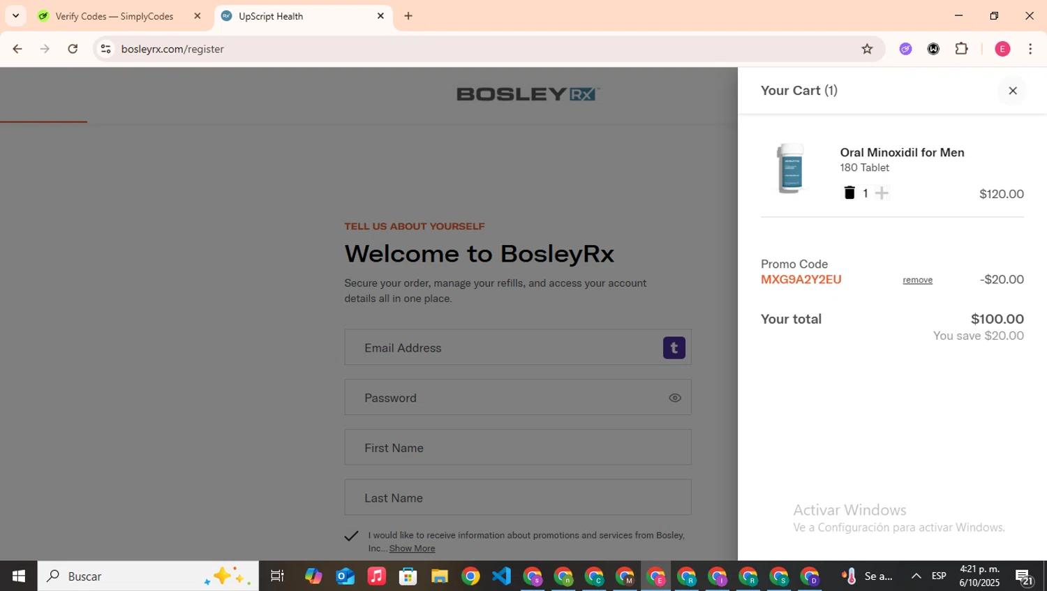 BosleyRx promo code screenshot showing code MXG9A2Y2EU applied at BosleyRx checkout page. Uploaded by SimplyCodes community member CouponHero7312 on Oct 6, 2025