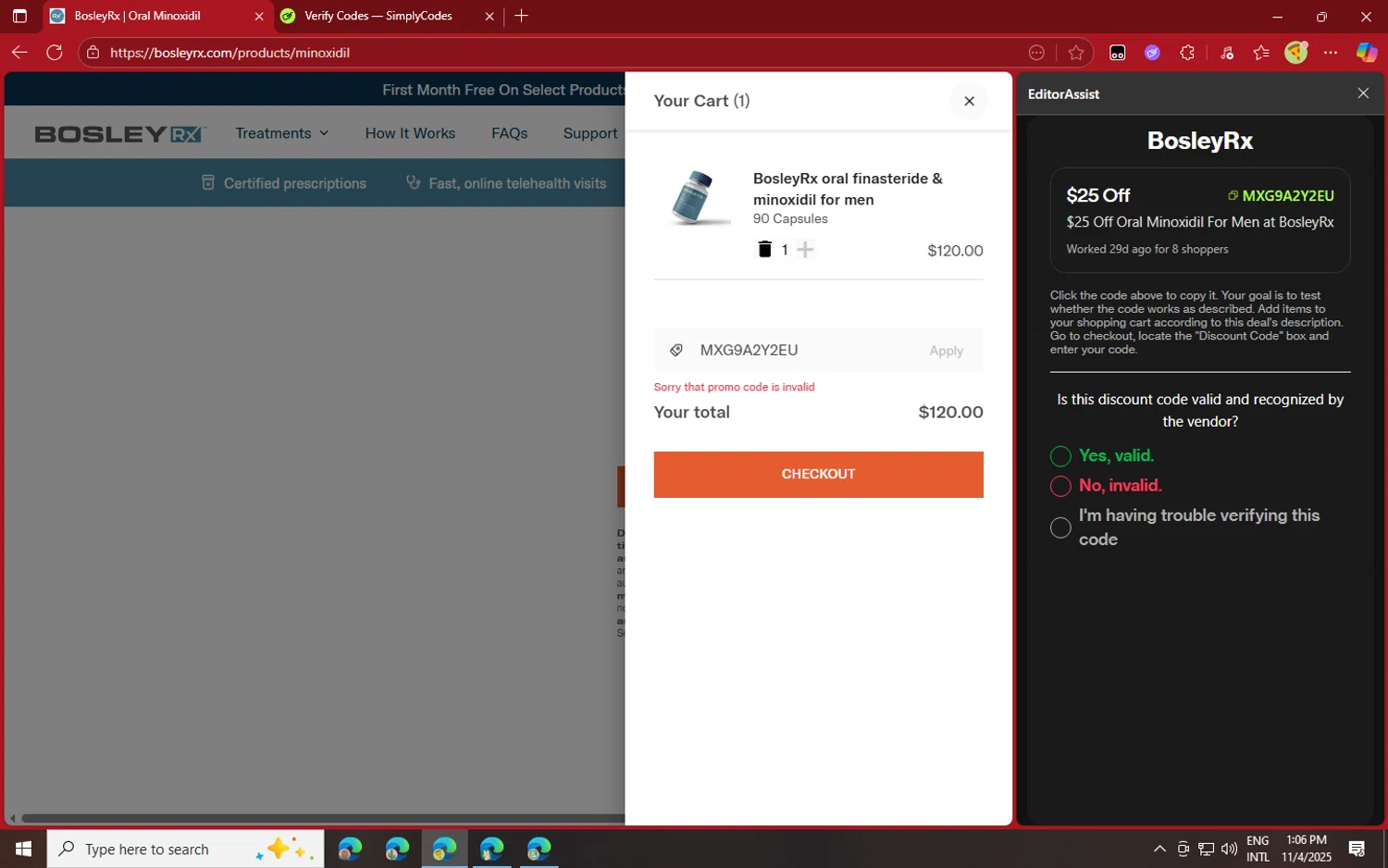 BosleyRx promo code screenshot showing code MXG9A2Y2EU applied at BosleyRx checkout page. Uploaded by SimplyCodes community member jvllsk2 on Nov 4, 2025