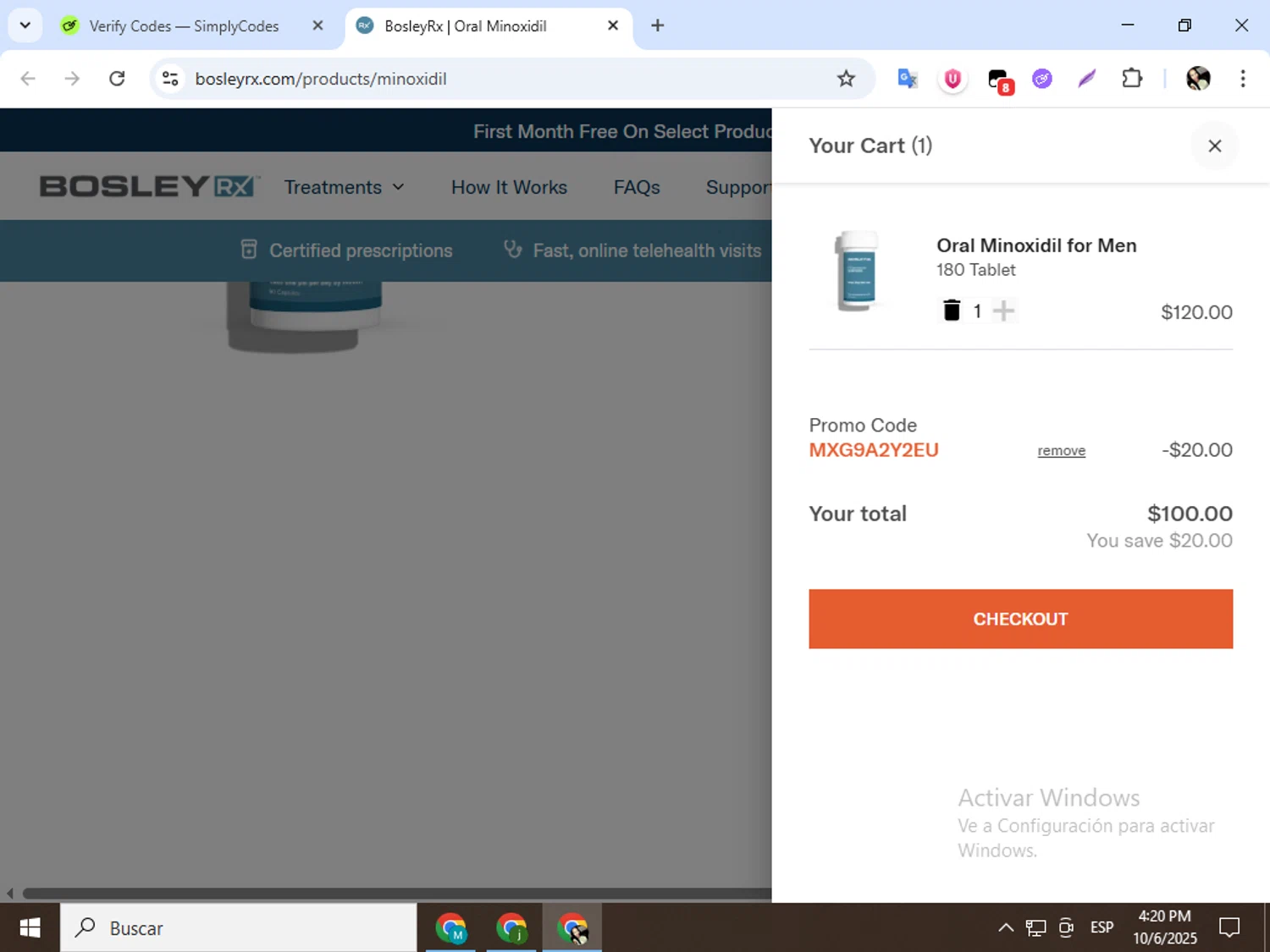BosleyRx checkout page showing BosleyRx promo code box | Screenshot taken by SimplyCodes community member on Oct 6, 2025