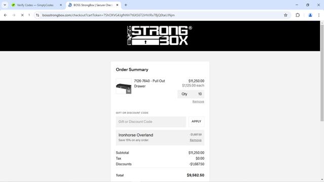 BOSS StrongBox checkout page showing BOSS StrongBox promo code box | Screenshot taken by SimplyCodes community member on Jul 10, 2025