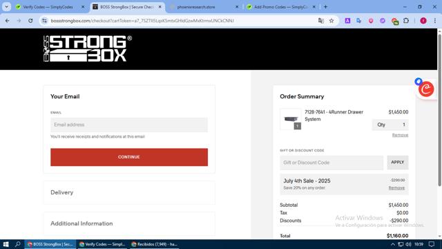BOSS StrongBox checkout page showing BOSS StrongBox promo code box | Screenshot taken by SimplyCodes community member on Jul 1, 2025