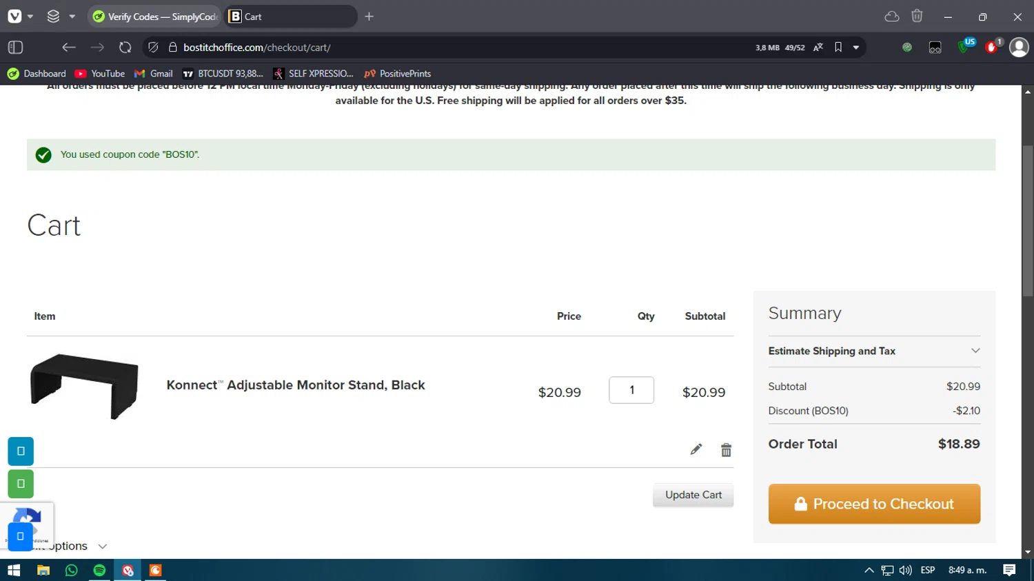 Bostitch Office promo code screenshot showing code BOS10 applied at Bostitch Office checkout page. Uploaded by SimplyCodes community member verify_codes on Jan 1, 2025