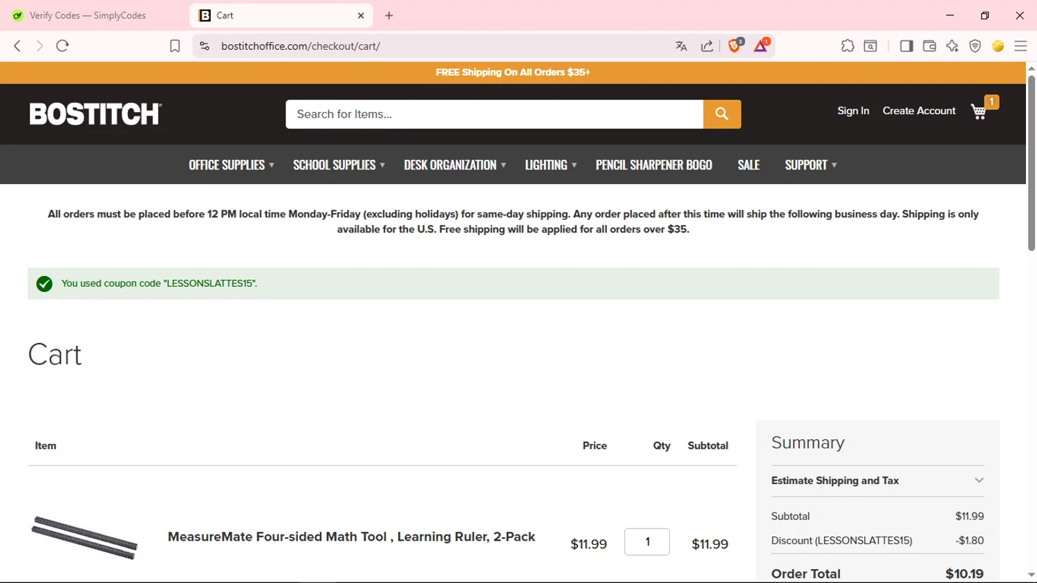 Bostitch Office promo code screenshot showing code LESSONSLATTES15 applied at Bostitch Office checkout page. Uploaded by SimplyCodes community member GloriousSage2502 on Jul 20, 2025