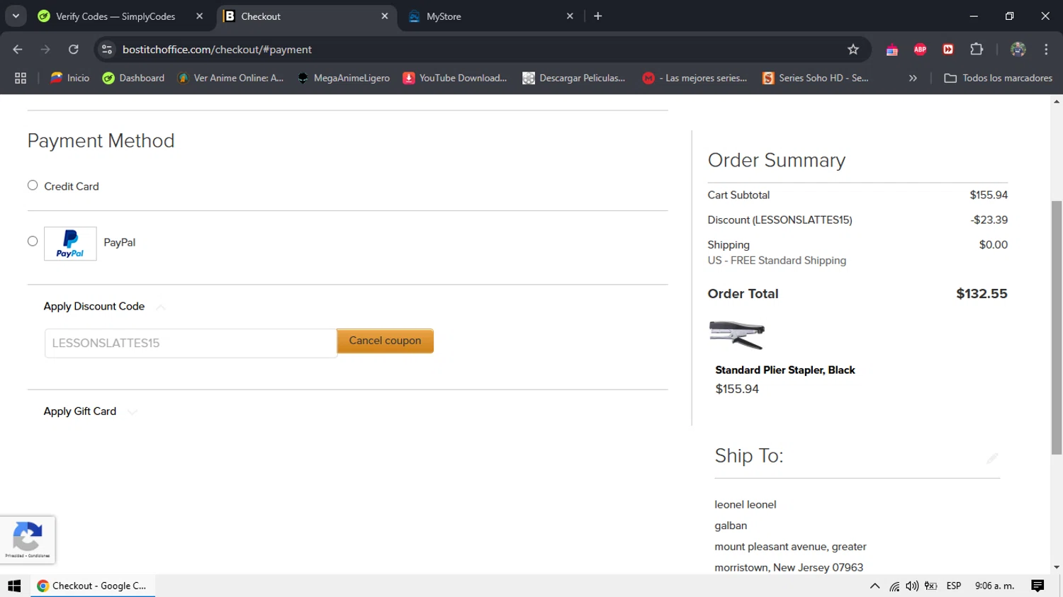 Bostitch Office promo code screenshot showing code LESSONSLATTES15 applied at Bostitch Office checkout page. Uploaded by SimplyCodes community member LGGG2105 on Jan 1, 2025