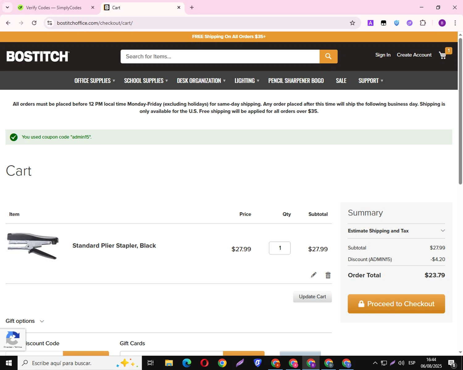 Bostitch Office checkout page showing Bostitch Office promo code box | Screenshot taken by SimplyCodes community member on Aug 6, 2025