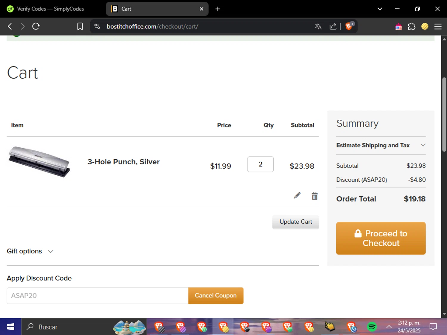 Bostitch Office promo code screenshot showing code ASAP20 applied at Bostitch Office checkout page. Uploaded by SimplyCodes community member DealAce7908 on May 24, 2025