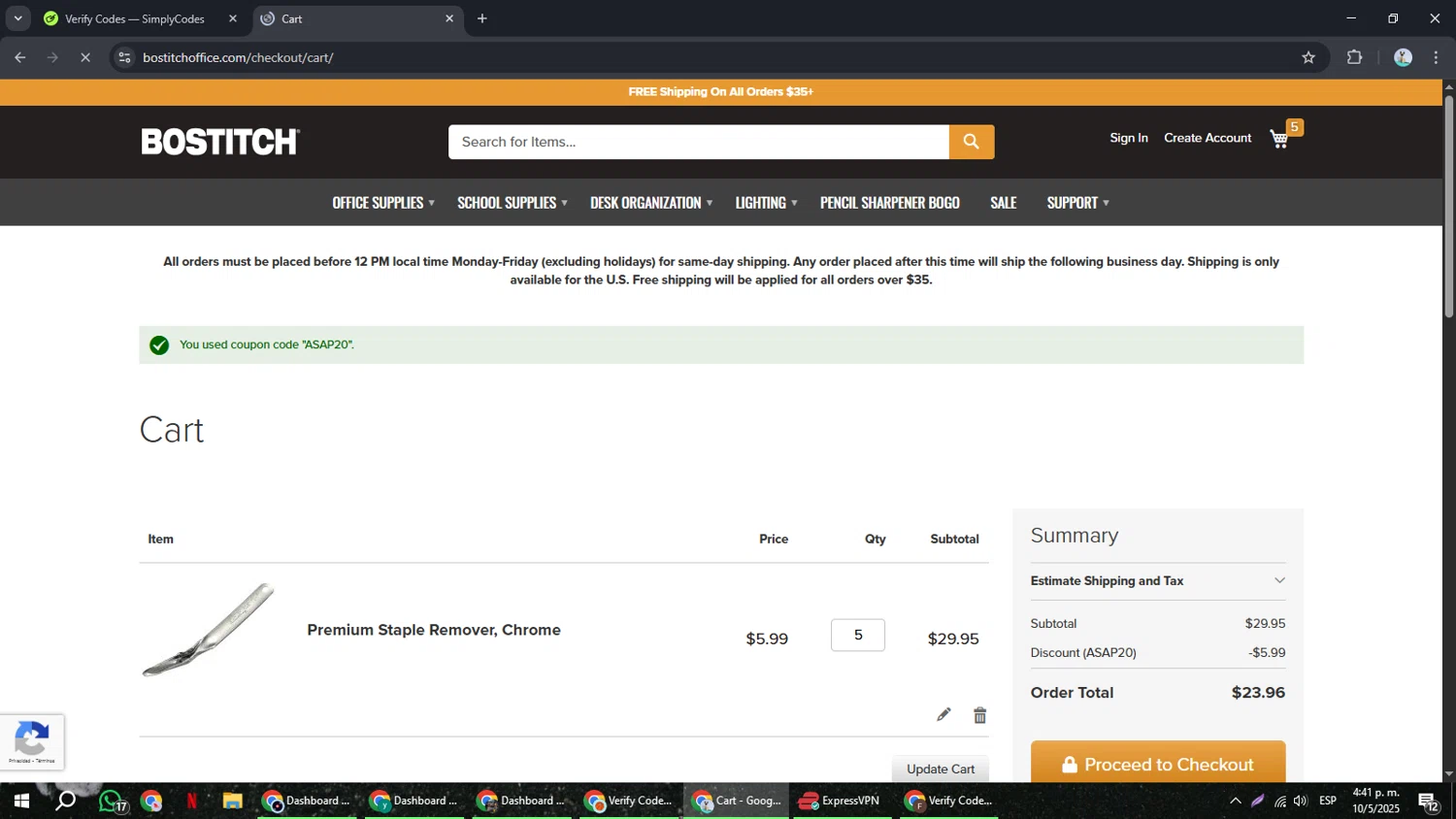 Bostitch Office promo code screenshot showing code ASAP20 applied at Bostitch Office checkout page. Uploaded by SimplyCodes community member ShrewdSeeker6165 on May 10, 2025