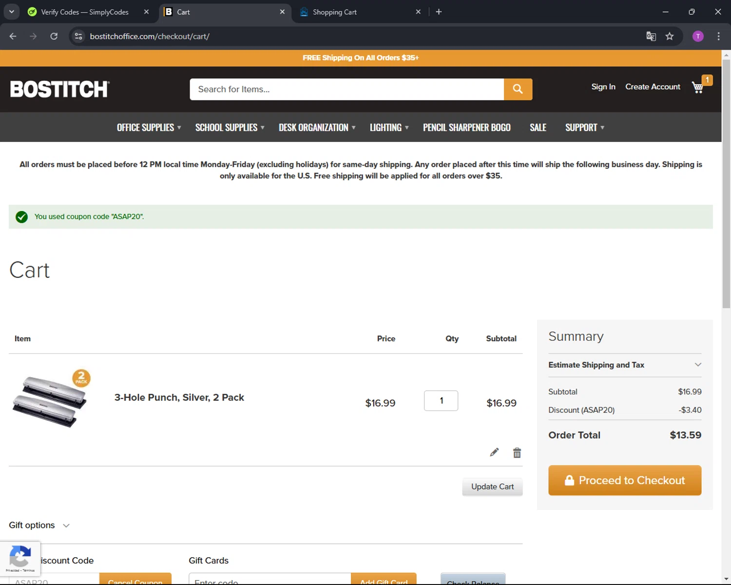 Bostitch Office promo code screenshot showing code ASAP20 applied at Bostitch Office checkout page. Uploaded by SimplyCodes community member CleverFinder9623 on Dec 31, 2024