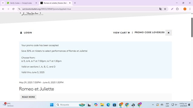 Boston Ballet checkout page showing Boston Ballet promo code box | Screenshot taken by SimplyCodes community member on Jun 1, 2025