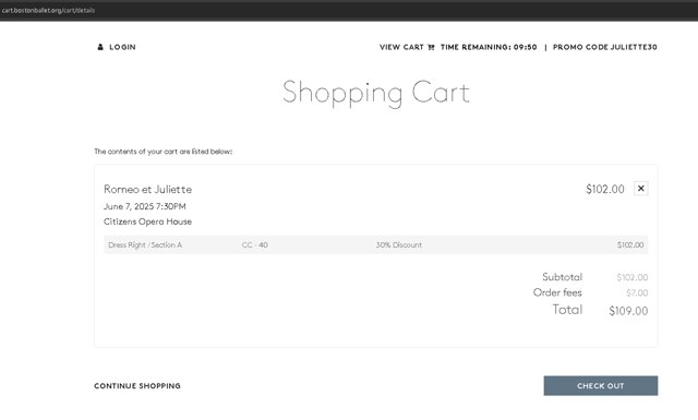 Boston Ballet checkout page showing Boston Ballet promo code box | Screenshot taken by SimplyCodes community member on Jun 1, 2025