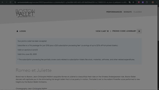 Boston Ballet checkout page showing Boston Ballet promo code box | Screenshot taken by SimplyCodes community member on Jun 4, 2025