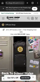 Boston Bruins Shop coupon verification screenshot