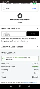 Boston Bruins Shop coupon verification screenshot