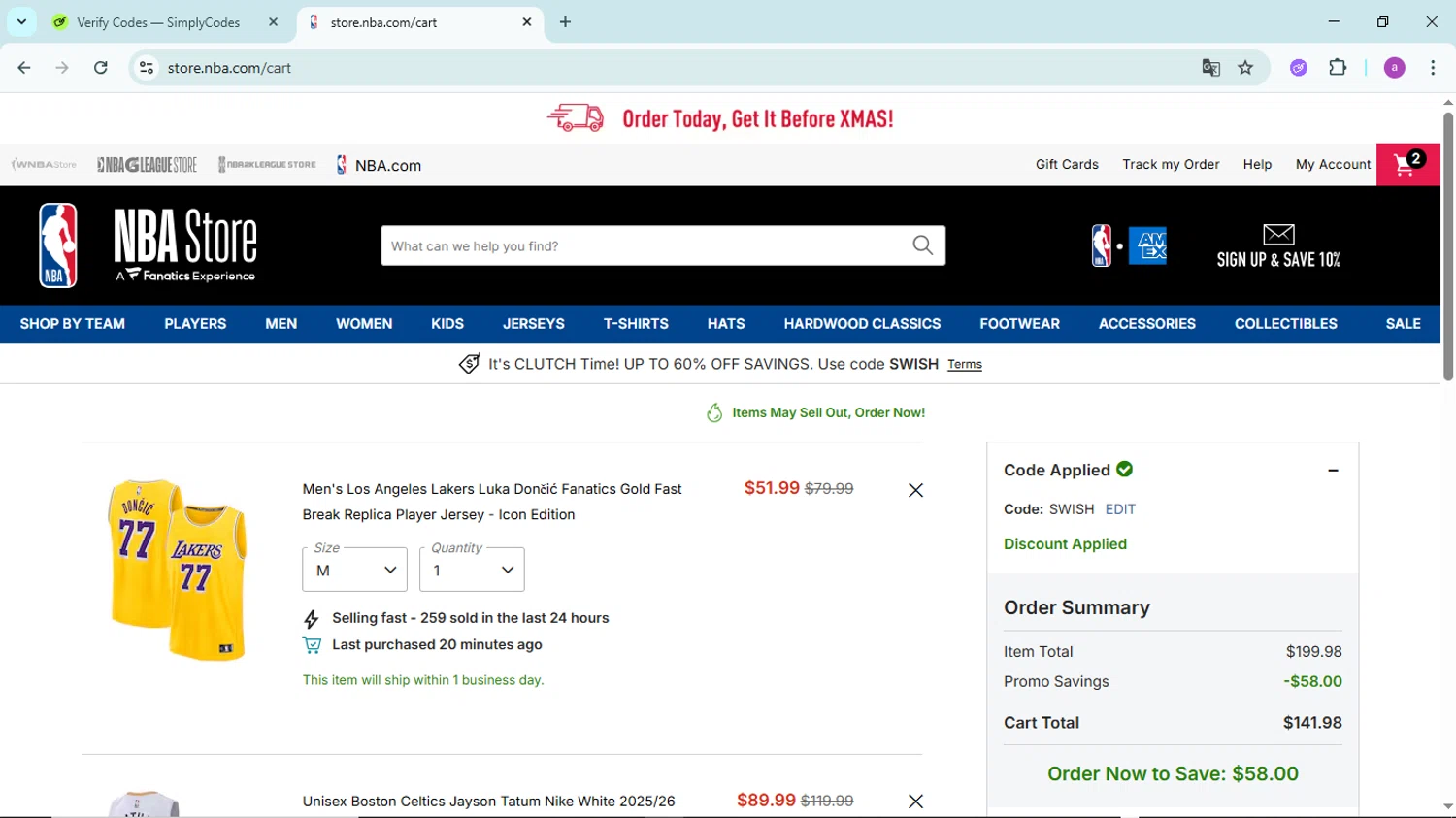 Boston Celtics promo code screenshot showing code SWISH applied at Boston Celtics checkout page. Uploaded by SimplyCodes community member PennyBoss9589 on Dec 12, 2025