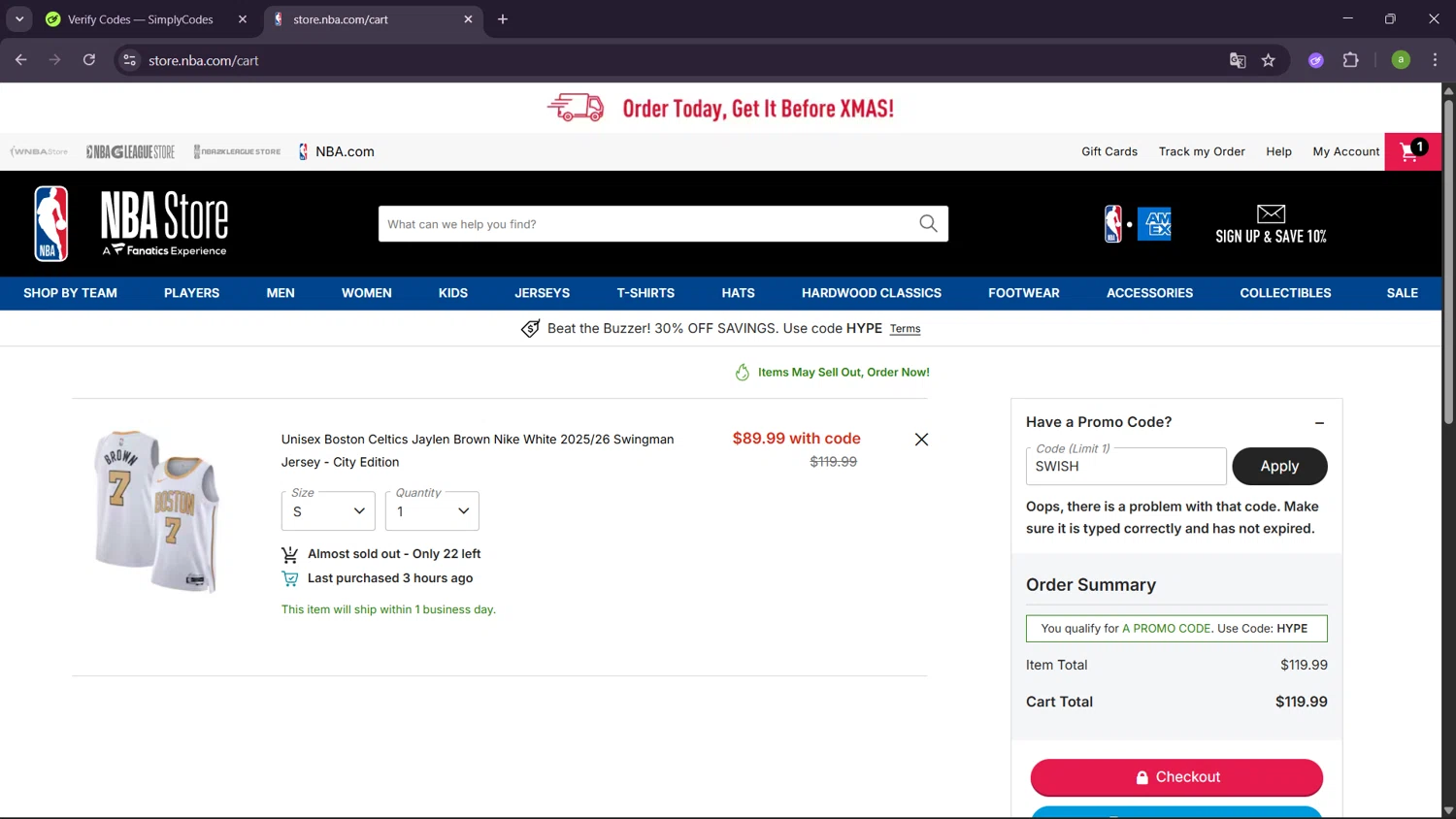 Boston Celtics promo code screenshot showing code SWISH applied at Boston Celtics checkout page. Uploaded by SimplyCodes community member SavingsHero9122 on Dec 18, 2025