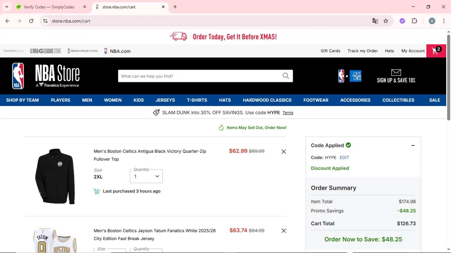 Boston Celtics checkout page showing Boston Celtics promo code box | Screenshot taken by SimplyCodes community member on Dec 11, 2025
